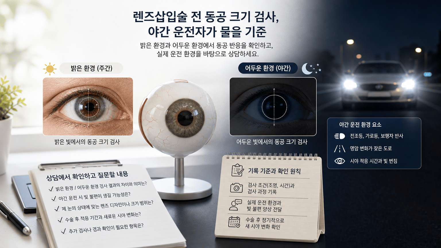 렌즈삽입술 전 동공 크기 검사, 야간 운전자가 물을 기준