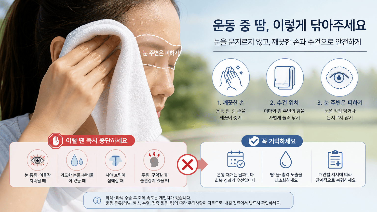 땀을 닦을 때 눈을 문지르지 않는 행동을 안내하기