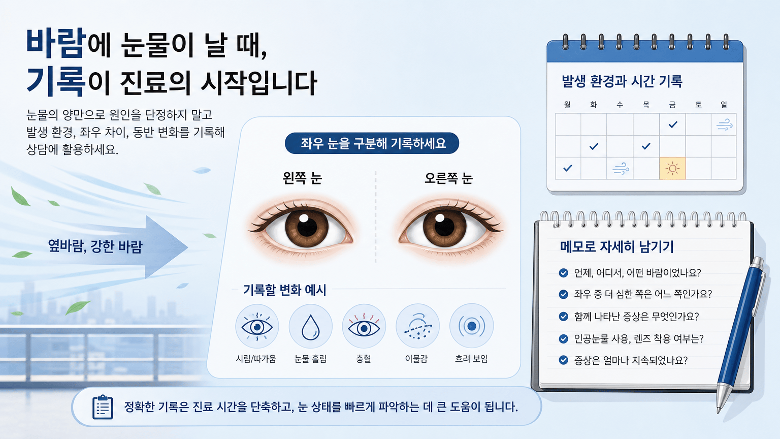 바람에 눈물이 날 때, 진료 전 기록할 눈물막과 눈 표면 변화